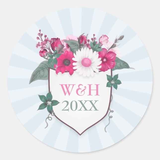 Floral monogram shield classic round sticker (Front)