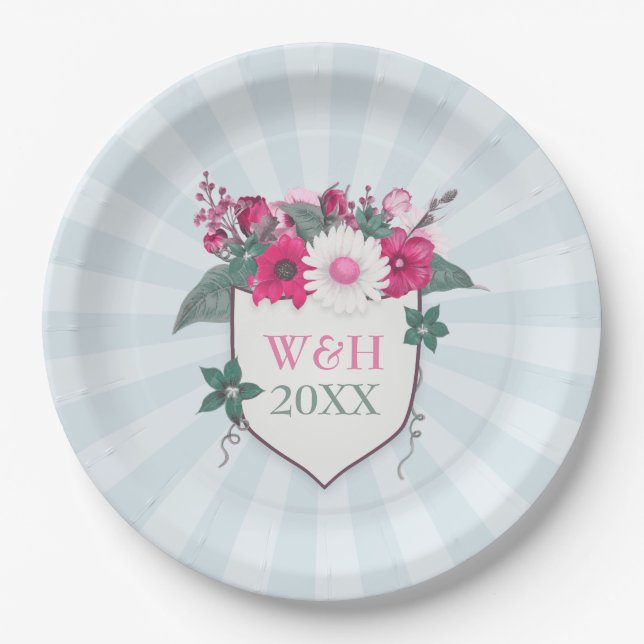 Floral monogram shield paper plate (Front)