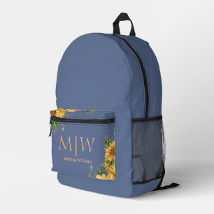 floral monogram sunflowers yellow blue nova chic printed backpack