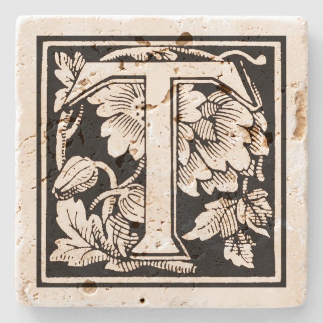 Floral Monogram 'T' in Sepia Square Stone Coaster (Front)