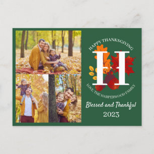 Floral Monogram Thanksgiving Family photo Collage Holiday Postcard
