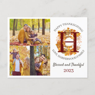 Floral Monogram Thanksgiving Family photo Collage Holiday Postcard