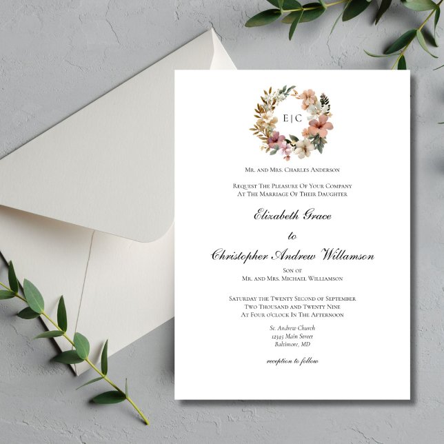 Floral Monogram Traditional Formal Elegant Wedding Invitation (Floral Monogram Crest elegant traditional minimalist classic wedding invitation. Printed or Digital)
