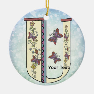 floral Monogram U  Ceramic Tree Decoration
