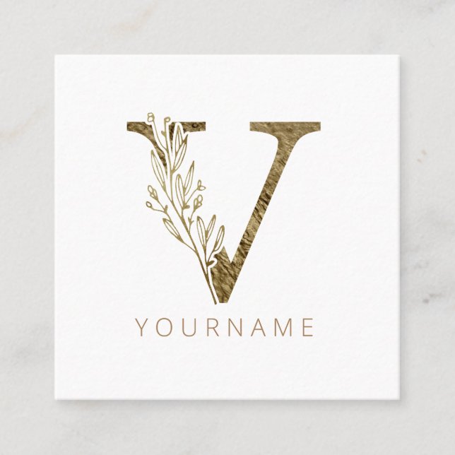 Floral Monogram V Elegant Gold Foliage Square Business Card (Front)