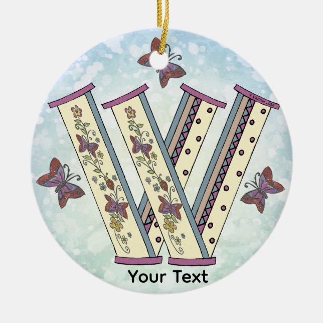 floral Monogram W Ceramic Tree Decoration (Front)