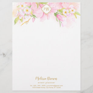 Floral Monogram Watercolor Botanical Blush Pink Custom Letterhead