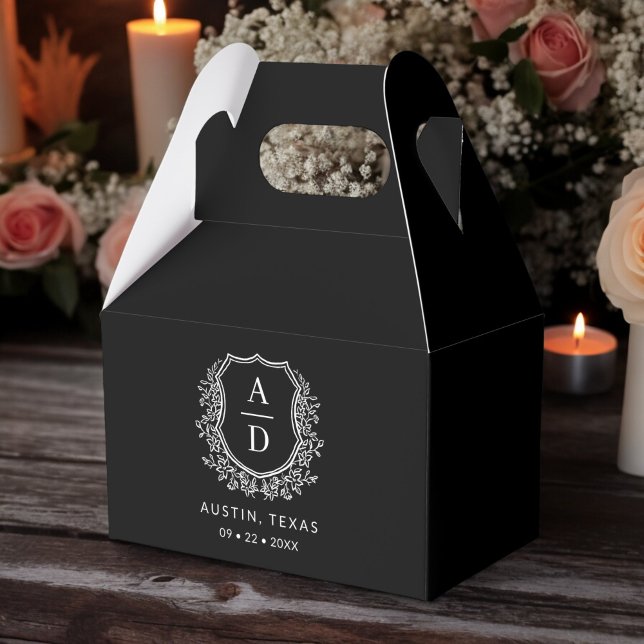 Floral Monogram Wedding Black Crest Modern Favour Box (Creator Uploaded)