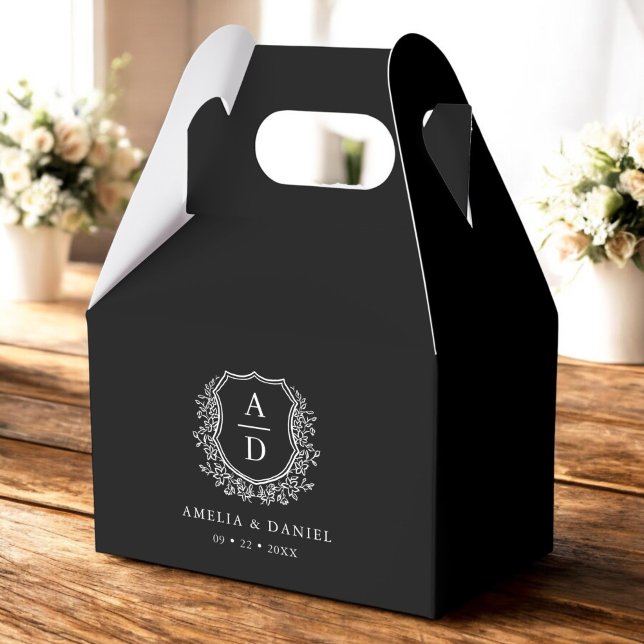 Floral Monogram Wedding Black Crest Modern Favour Box (Creator Uploaded)