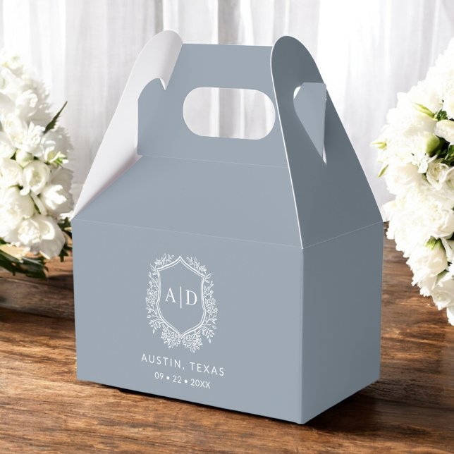 Floral Monogram Wedding Dusty Blue Crest Modern Favour Box (Creator Uploaded)