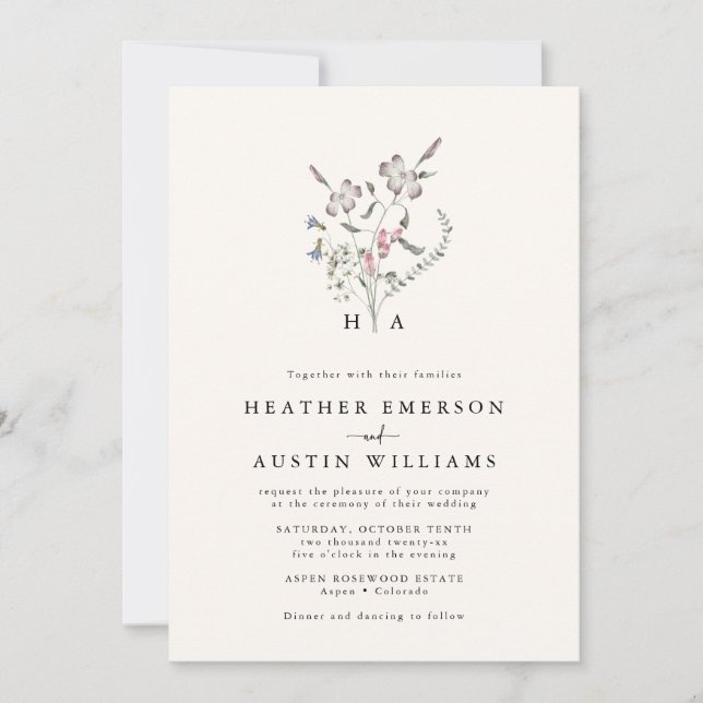 Floral Monogram Wedding Invitation (Front)
