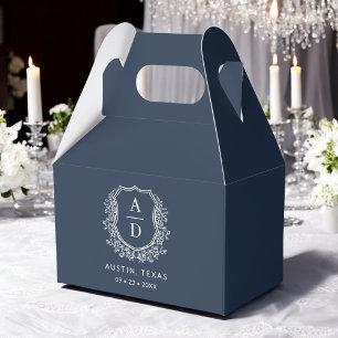 Floral Monogram Wedding Navy Blue Crest Modern Favour Box