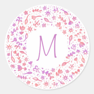 Floral Monogram Wreath in Coral Pink & Purple Classic Round Sticker