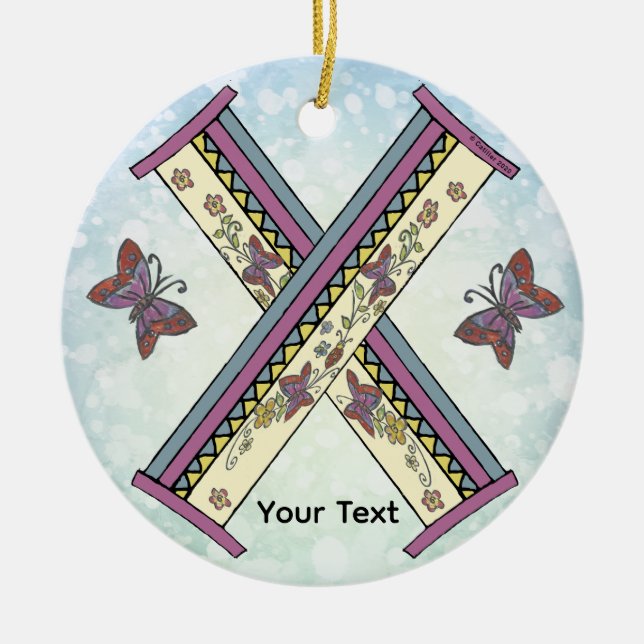 floral Monogram X  Ceramic Tree Decoration (Front)
