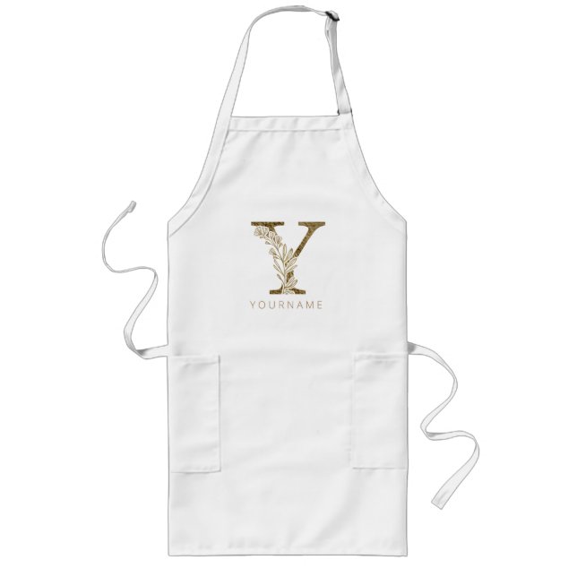 Floral Monogram Y Elegant Gold Foliage Long Apron (Front)