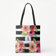 Floral Monogramed Black White Stripes | Tote Bag