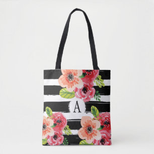 Floral Monogramed Black White Stripes Tote Bag