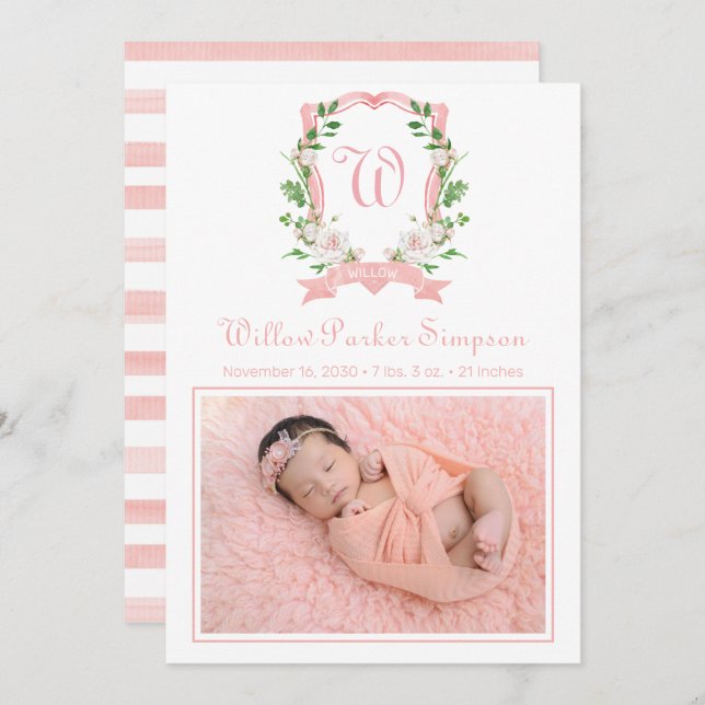 Floral Monogrammed Crest Birth Announcement (Front/Back)