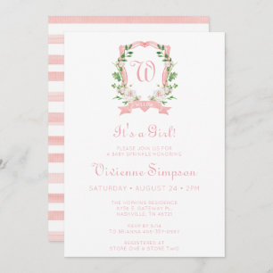 Floral Monogrammed Crest It's A Girl Baby Sprinkle Invitation