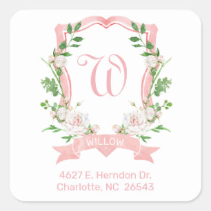 Floral Monogrammed Crest Return Address Square Sticker