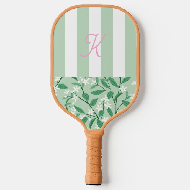 Floral Monogrammed Initials Green & Pink Pickleball Paddle (Back)