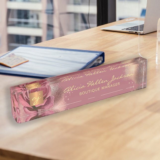 Floral monogrammed luxury vintage glam burgundy nameplate (Creator Uploaded)