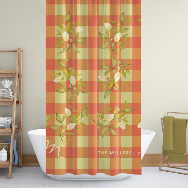Floral monogrammed name rustic orange gingham shower curtain (Creator Uploaded)