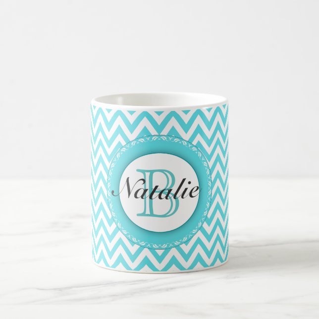 Floral Monogrammed Turquoise Blue Chevron Pattern Coffee Mug (Center)