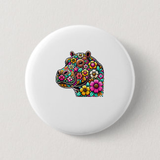 Floral Moo Deng Baby Hippo Hippopotamus Zoo Animal 6 Cm Round Badge