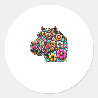 Floral Moo Deng Baby Hippo Hippopotamus Zoo Animal Classic Round Sticker