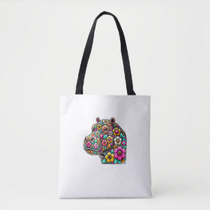 Floral Moo Deng Baby Hippo Hippopotamus Zoo Animal Tote Bag