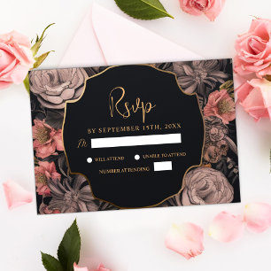 Floral Moody Dark Skull Black Gothic Wedding RSVP Card