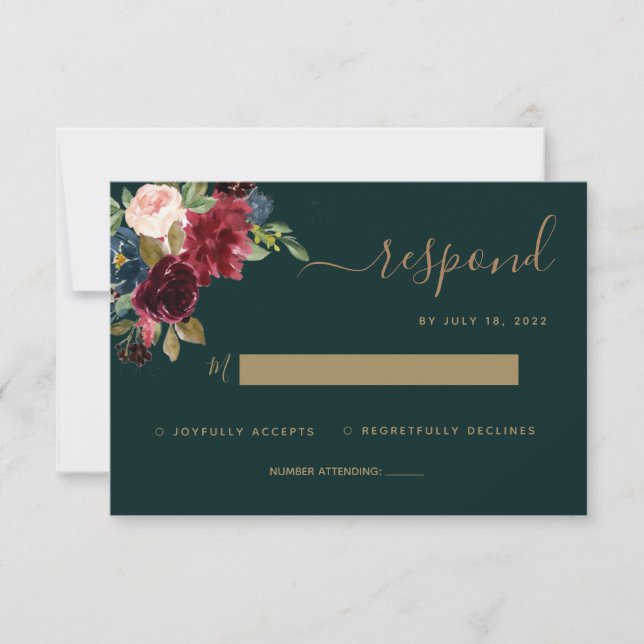 Floral Moody Emerald Green Jewel Tone Wedding RSVP Card (Front)
