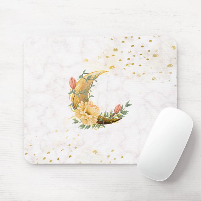 Floral Moon, Beige and Yellow Graphic Mouse Pad (With Mouse)