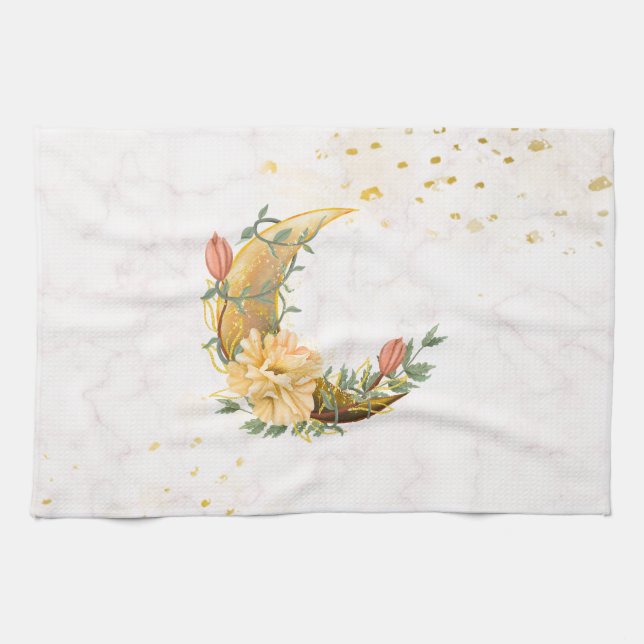 Floral Moon, Beige and Yellow Graphic Tea Towel (Horizontal)
