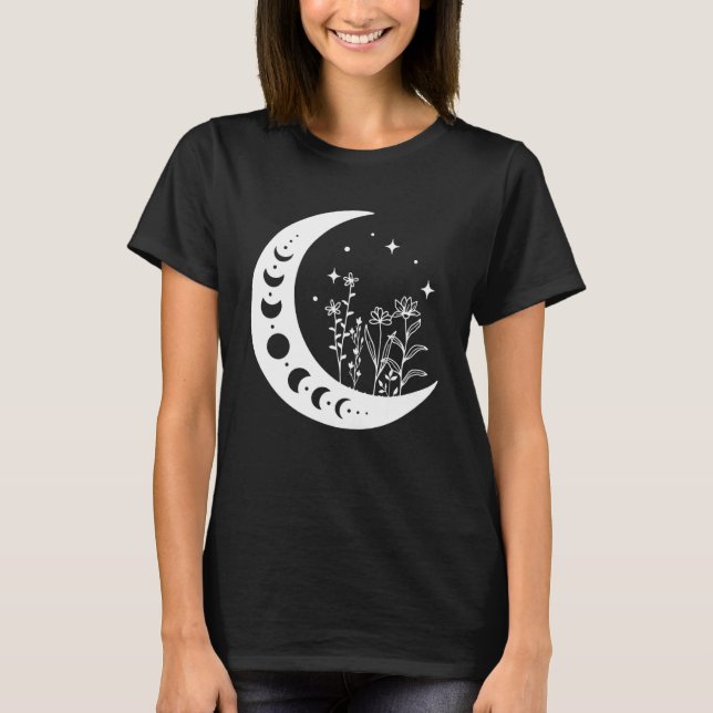 Floral Moon, Boho, Floral Moon Flowers Crescent Co T-Shirt (Front)