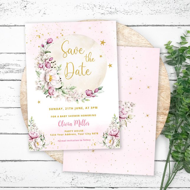 Floral Moon Pink Baby Shower Save the date card (Creator Uploaded)