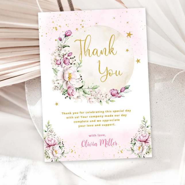 Floral Moon Pink Baby Shower Thank You Card (Creator Uploaded)