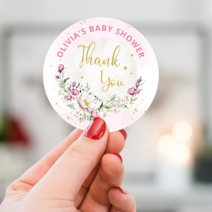 Floral Moon Pink Baby Shower Thank you Classic Round Sticker