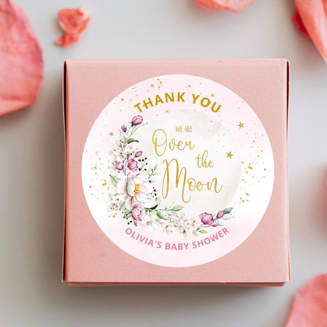 Floral Moon Pink Baby Shower Thank you Classic Round Sticker (Creator Uploaded)