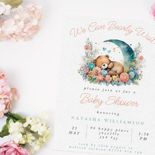 Floral Moon We Can Bearly Wait Baby Shower Invitation