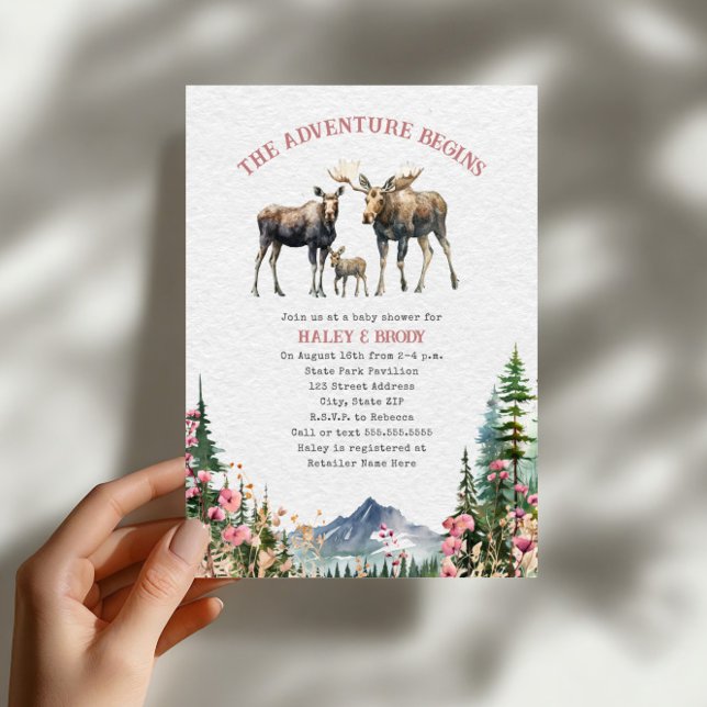 Floral Moose Woodland Adventure Girl Baby Shower Invitation (Creator Uploaded)