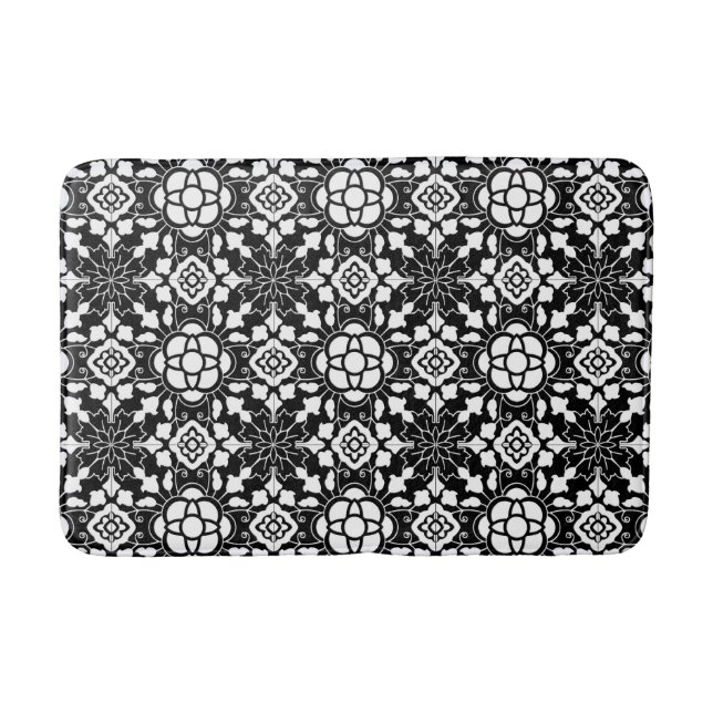 Floral Moroccan Tile, Black and White Bath Mat (Front)