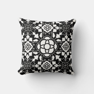 Floral Moroccan Tile, Black and White Cushion