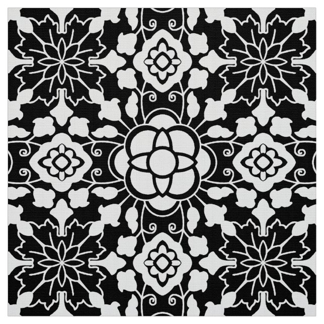 Floral Moroccan Tile, Black and White Fabric (Swatch)