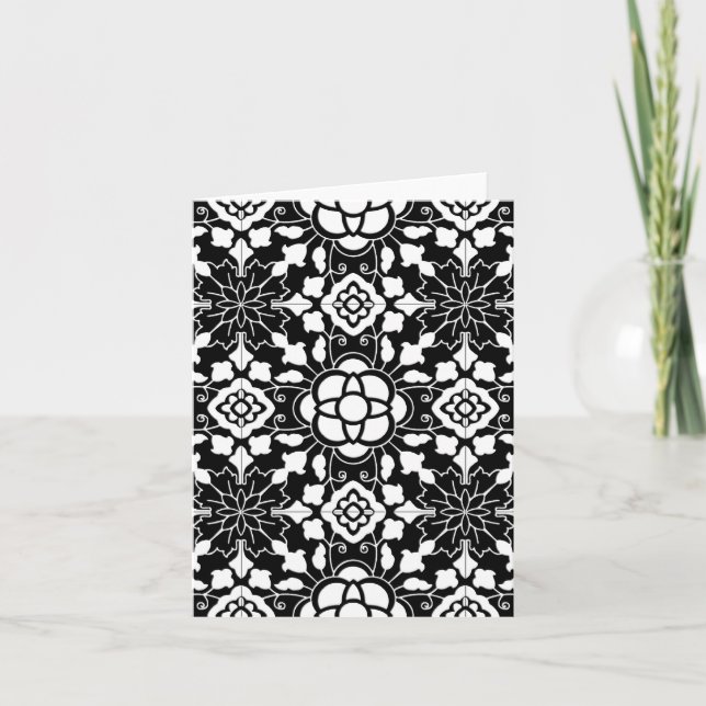 Floral Moroccan Tile, Black and White Holiday Card (Front)