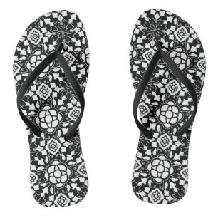 Floral Moroccan Tile, Black  and White Jandals