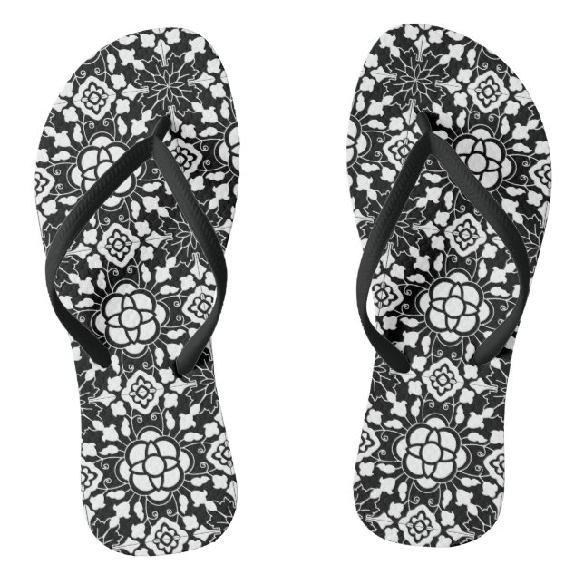 Floral Moroccan Tile, Black  and White Jandals (Footbed)
