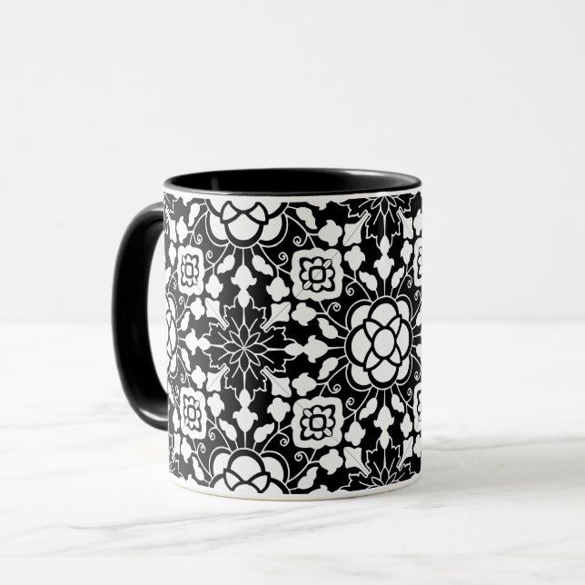 Floral Moroccan Tile, Black and White Mug (Front Left)