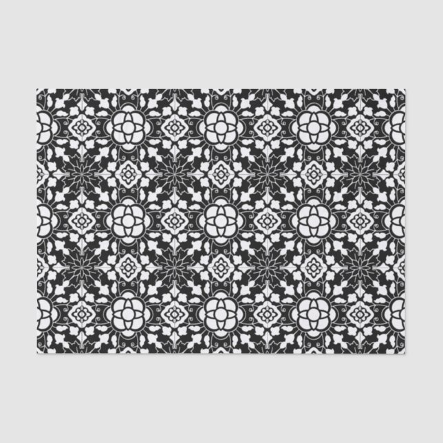 Floral Moroccan Tile, Black and White Tissue Paper (Front)